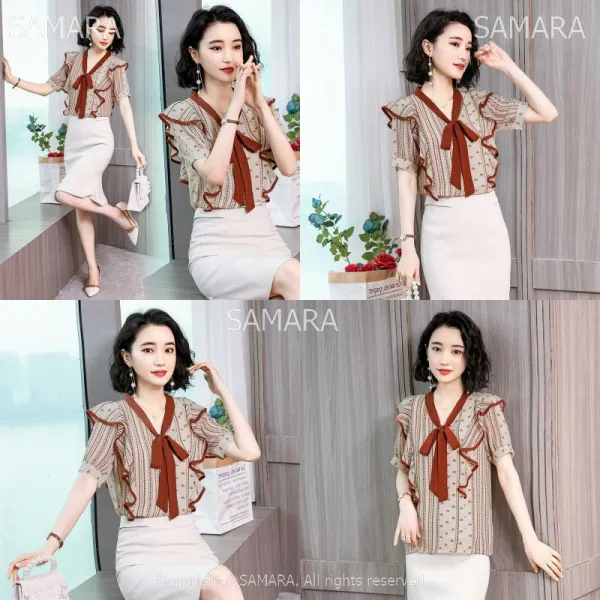 Qterra 특허브랜드 쉬폰 리본장식 빅사이즈 여성블라우스 반팔 줄무늬