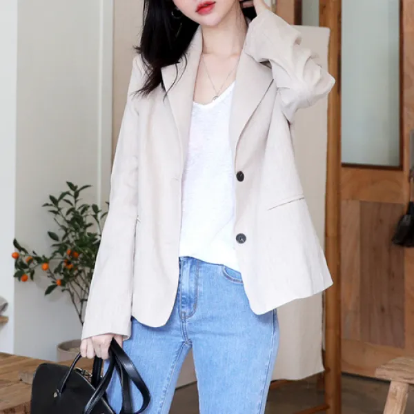 플레이팝 여성용 3컬러 린넨 캐쥬얼 어깨패드 베이직 모던 심플 자켓