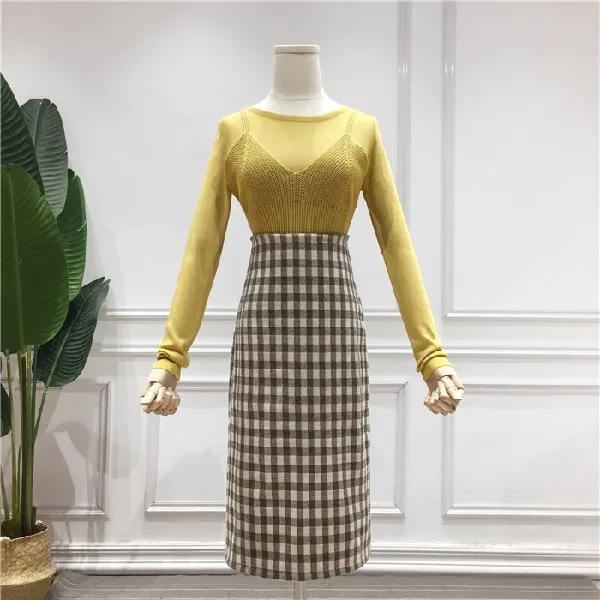 프로젝트브이 여성 캐주얼 모직 하이웨스트 체크 스커트 롱스커트 롱치마 J