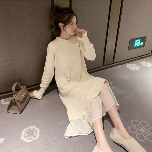 가나다몰 여성겨울 프릴 망사이너 레이어드 롱 니트원피스bwto281