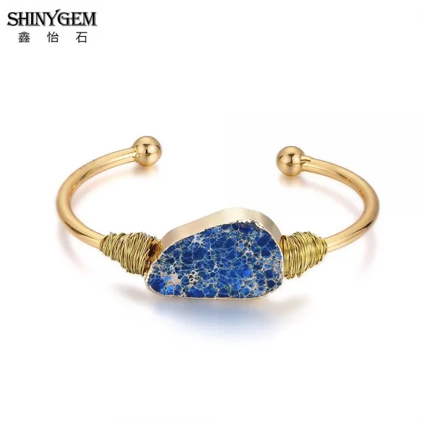 Shinygem 보헤미아 불규칙한 바다 퇴적물 jaspers 팔찌 & bangles 여성을위한 자연적인 보석 돌 수제 팔목 금 팔찌 2019