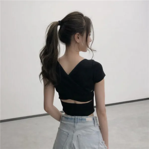 여성 크롭 티셔츠 섹시 크롭 탑 2019 홍콩풍 빈티지 브이넥 반팔 이너로 날씬한 티셔츠