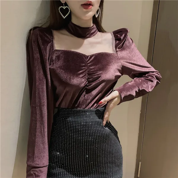 맘짜네 벌룬티셔츠 벌룬소매티셔츠 사이즈 프렌치시크 엘로우 스퀘어넥 이너티셔츠 상의 등성이가 노출된 금 벨벳 여성
