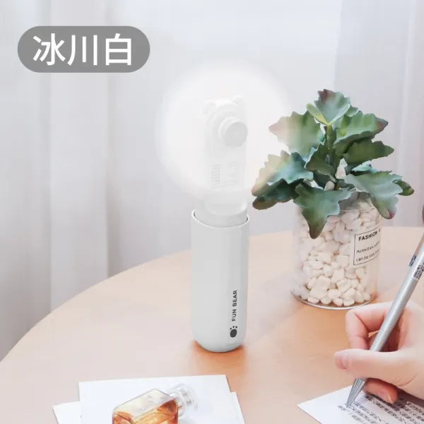 손잡이 미니 극소음 휴대용트 폴딩 주무름 사무실 책상 위에 USB 충전 침실 기숙사 큐트 곰돌이 소리 없다 강력함 거센바람, 빙하 화이트 선풍기 보조배터리 2in