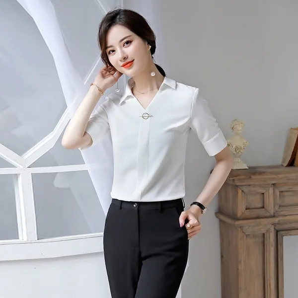 스마트셀러 후니컴 반팔 블라우스 비즈니스 슬림 브이넥 셔츠