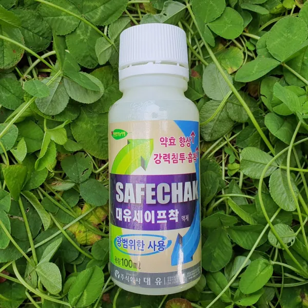 친환경 전착제, 비료/영양제/살충제/살균제등과 함께 사용시 농작물에 더욱 더 강력침투, 강력흡착, 약효증진, 세이프착 100ml