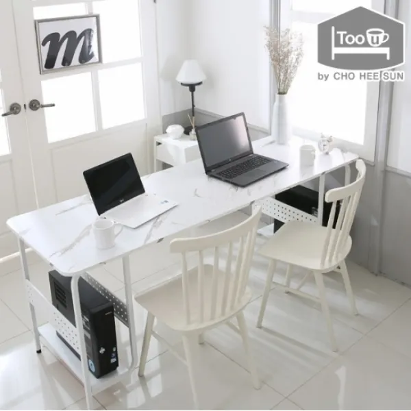 란델 2인 computer table(선반2)(VOC 최소 가공), 색상:화이트마블