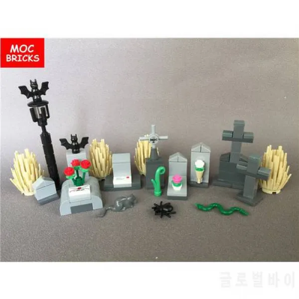 세트 판매 MOC 벽돌 DIY 무덤 돌 - 무덤 묘지 유령의 집 뱀 박쥐 장미 그림