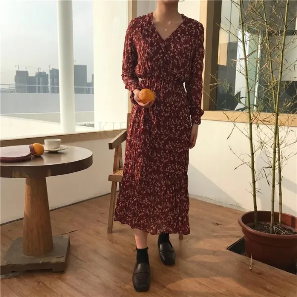 Kirahosi Yz 봄 레드 쉬폰 원피스 긴팔 브이넥 빈티지 플라워 Hne1sf