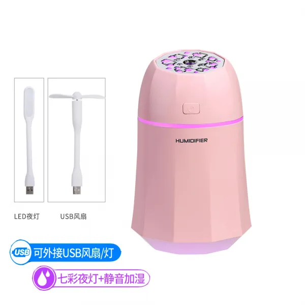 핑크 가습기 USB 삼합 일가 사용 독창적 레인보우 야간등 미니 형가습기 제조업자, 핑크 배합 전조등 선풍기