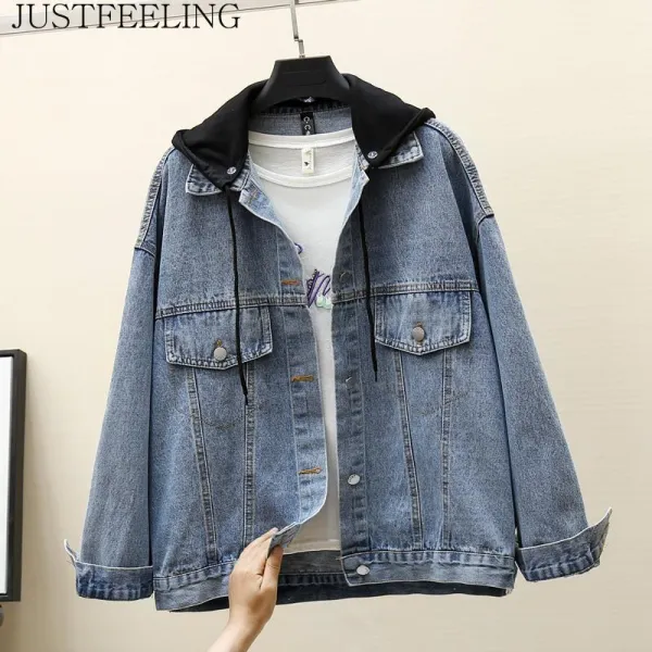 JUSTFEELING 빅사이즈 후드 데님자켓 오버핏 긴팔 여성 청잠바 자수 레터링 편안한 코트 데일리