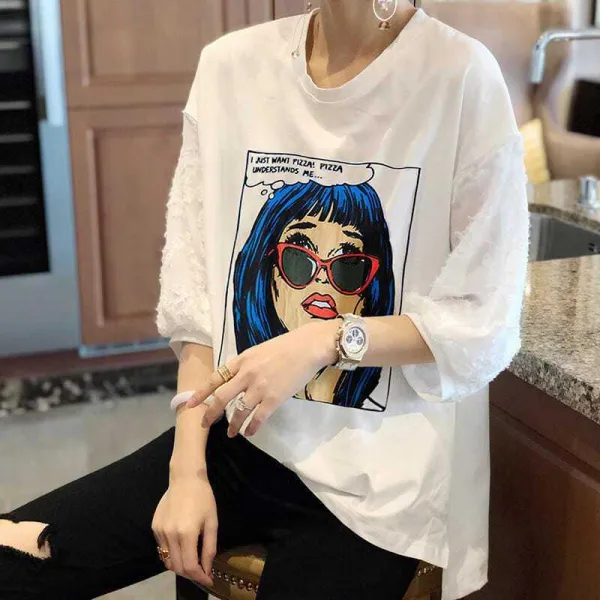 탱이점빵 반팔티셔츠패션 순면 코튼 봄옷 여성의류 스타일리시 패치워크 칠부 소매 반팔셔츠 상의