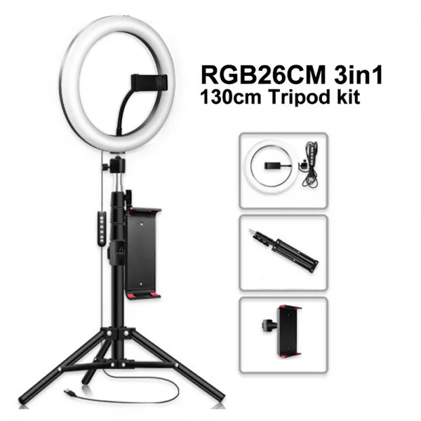 Andoer 10 인치 RGB LED 링 화려한 반지는 1.6 m + 적극적으로 삼각대 전화 폴더를 켜 RGB26를 포함하는 라이브 photography 아름다움 화장품에 대한 키트 조명, RGB26 채우기 빛 + 1.6 미터 삼각대 + 활발한 휴대 전화 클립