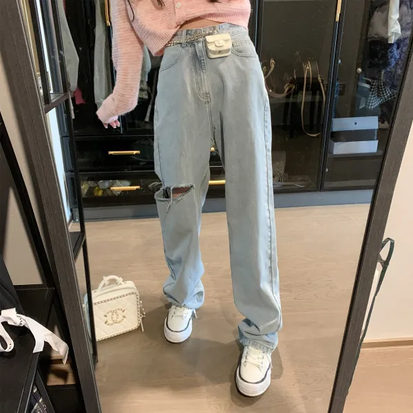 돈 부인 하우스 니스 맟춤제작 라이트블루 색상 깨지다 빅진 데님팬츠 여성 작은 키 카고