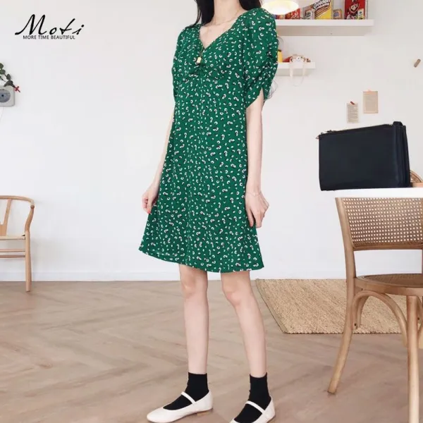 넷투넷 넷투넷 브이넥 플라워 주름 쉬폰 녹색 반소매 원피스 로맨틱원피스 데이트룩 590795596002