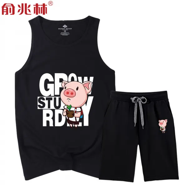 남성의류 베스트 헬스나시 세트 특이한 트렌드 민소매 40214825, 블랙 런닝 레터링 맹아 블랙 숏팬츠
