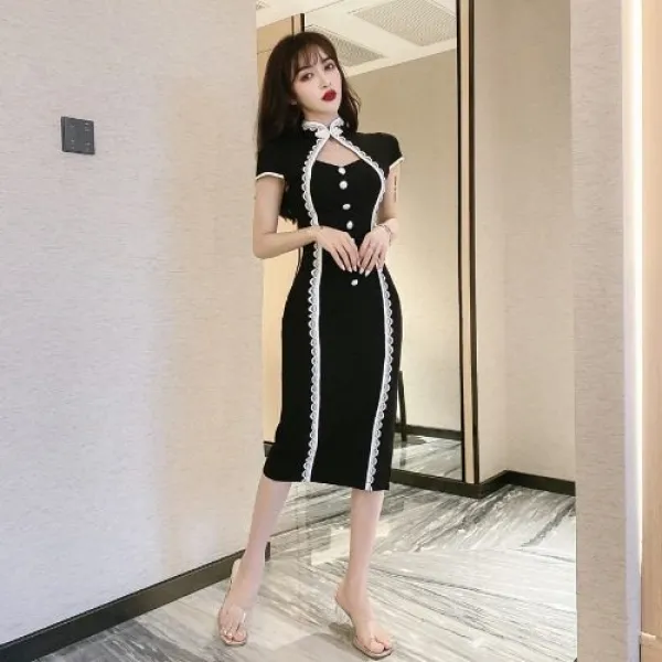 치파오 여 앤티크 스탠딩 넥 일렬 단추 충돌 색 수술 미디 스타일 트임 우먼 핏 개량판 원피스