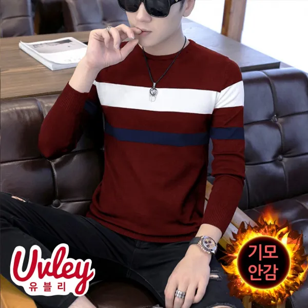 유블리 남성 데일리 따뜻한 방한복 방한니트 겨울니트 봄 가을 겨울 안감기모 유니크 레이어드룩 저렴한 라운드 슬림핏 스트라이프디자인 몸좋아보이는 데일리룩 기모 니트 티셔츠 UV2114039HJ