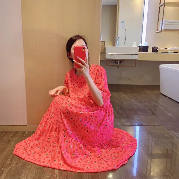 여름쉬폰원피스 대으르렁거려 보자 상의 두드리다 보여 화이트 레드 앵두 3920259395