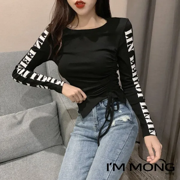 아이엠몽 여성 유니크 스트링 섹시 크롭티 프린팅 긴팔 블랙 슬림 티셔츠
