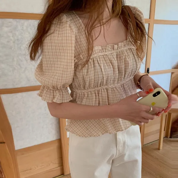 chic 백 레이어드 셔링감 격자무늬 스몰 넥 이너M 셔츠 3913Z