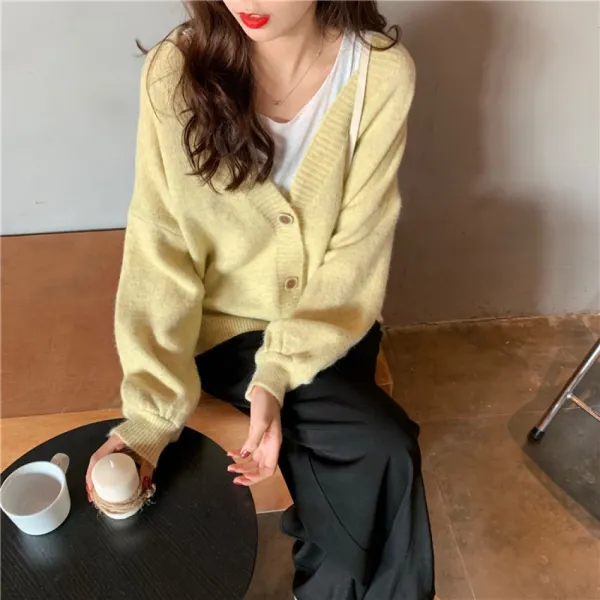 히트라고 여성 가을 겨울 브이넥 베이직 니트 가디건 Kyw