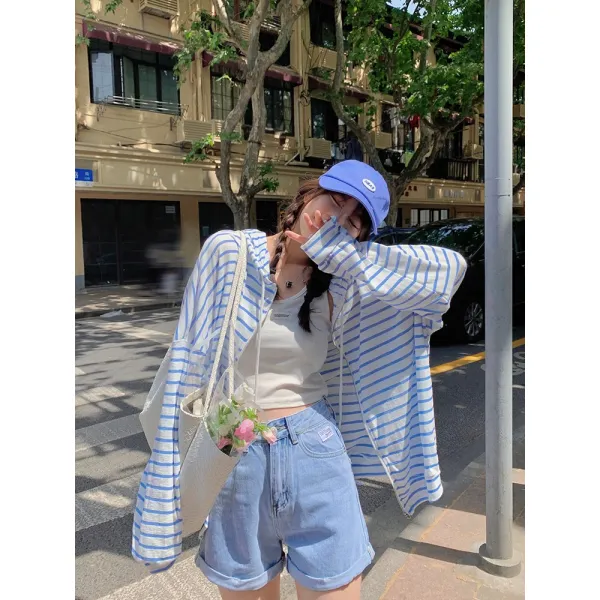 스트라이프후드집업 양 퍼프 721 초발 싶어 하지 않아 지다 블루 핑크 줄무늬 지퍼후드 셔츠 2381800702