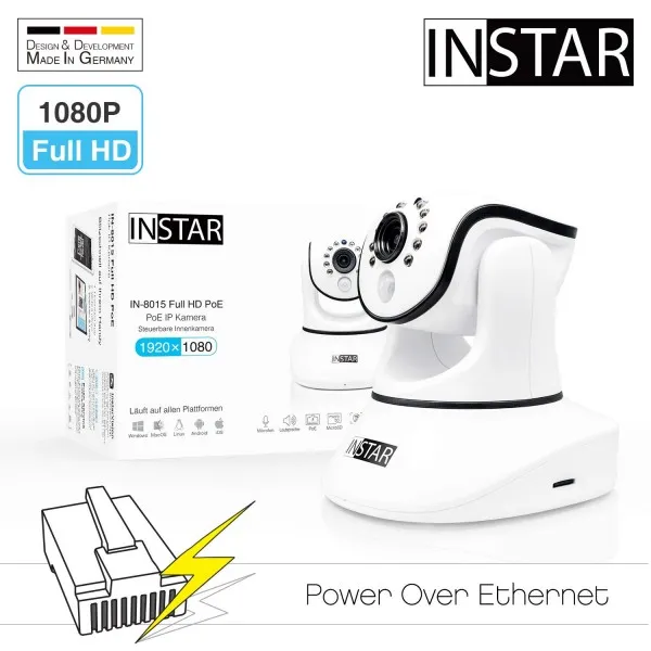 INSTAR IN-8015 Full HD (PoE) 백색-PoE 감시 카메라-IP 카메라-실내 카메라-팬 틸트-경보-PIR-동작 감지-야간 투시, 단일상품