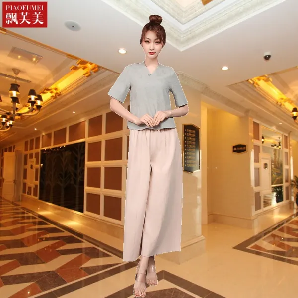 코스모스 복장 마사지사 작업복 양생 회소 순면 코튼 미용사가운 룩 여성 발마사지 카고 여름 족욕, S 그레이