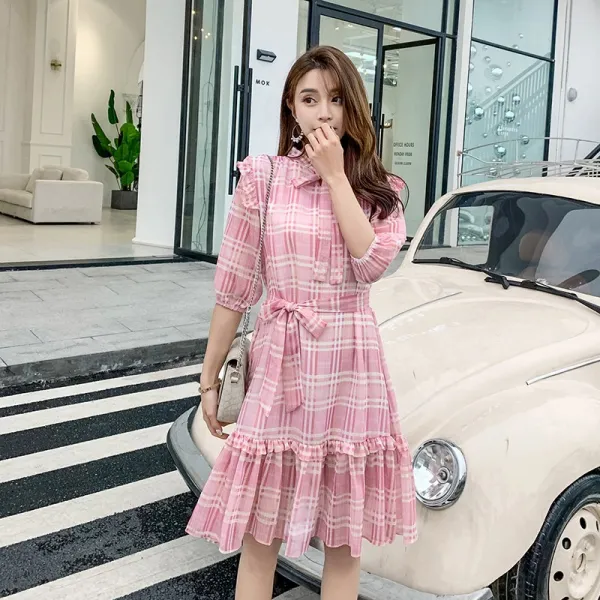 패션이루 미디 여름 쉬폰 체크 원피스 프릴 A라인 캐주얼 여성