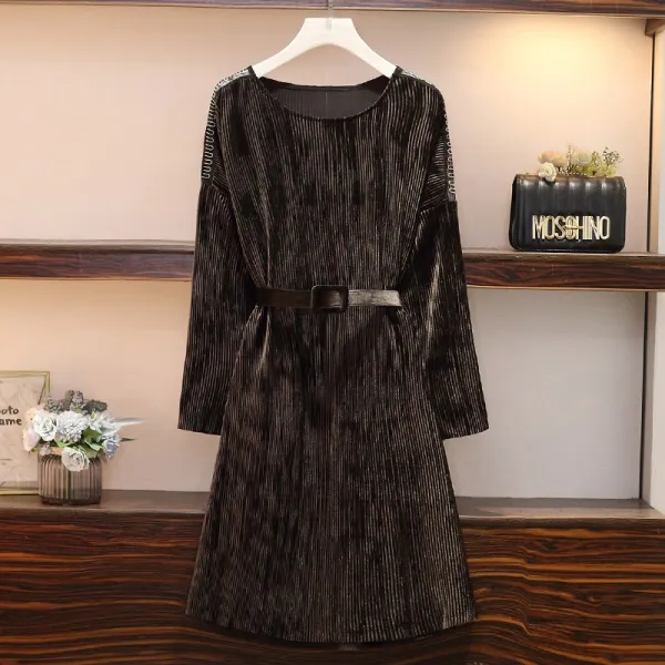 빅퀸 여성큰사이즈 빅 5xl까지 가을 코르덴 레이스 콜라보 벨트 여신룩 원피스 우아한 B8040