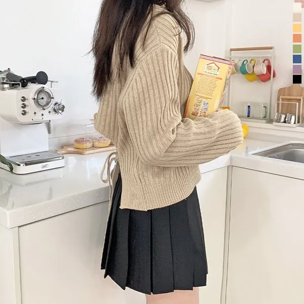 티데일리 여성용 소녀 백리본 언발 니트 라운드 골지 뒷트임 긴팔 티셔츠