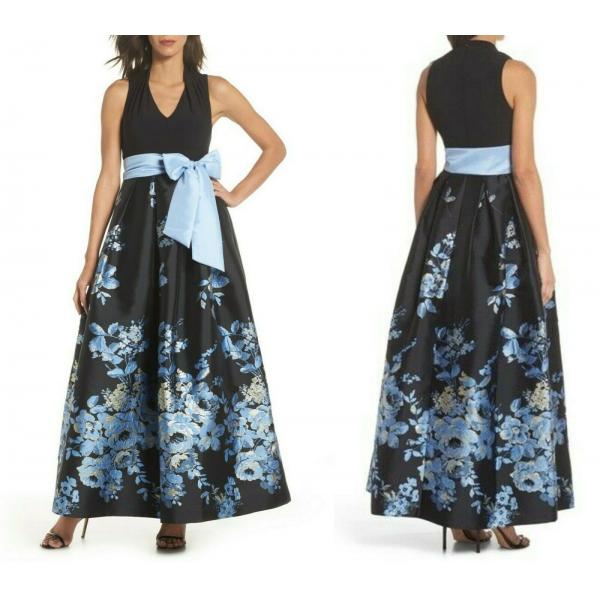 108157 Eliza J Womens ITY Mixed Media Ballgown Bow Maxi 드레스 블랙 블루 Floral Size 2