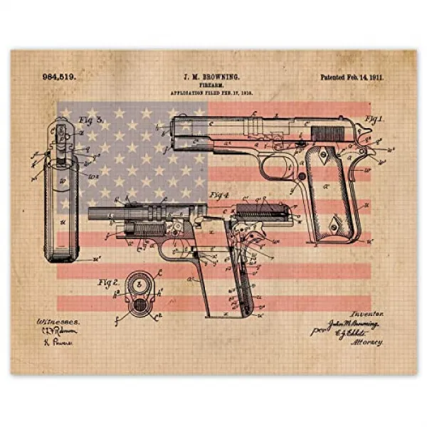 콜트 Jm 브라운 1911 권총 특허 인쇄 및 미국 국기 1 11x14 미확인 된 사진 벽 아트 장식 선물 15 세 사무실 남자 동굴 차고 대학생 교사 카우보이 Nra 권총 본상품