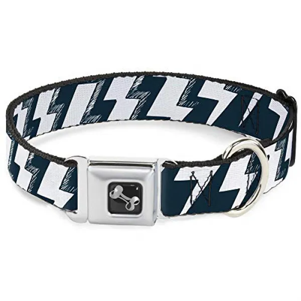 Buckle Down Seatbelt Buckle Dog Collar - Lightning Bolts Sketch Navy/White 버클 아래로 개 목걸이 뼈 - 번개 화살 스케, 1