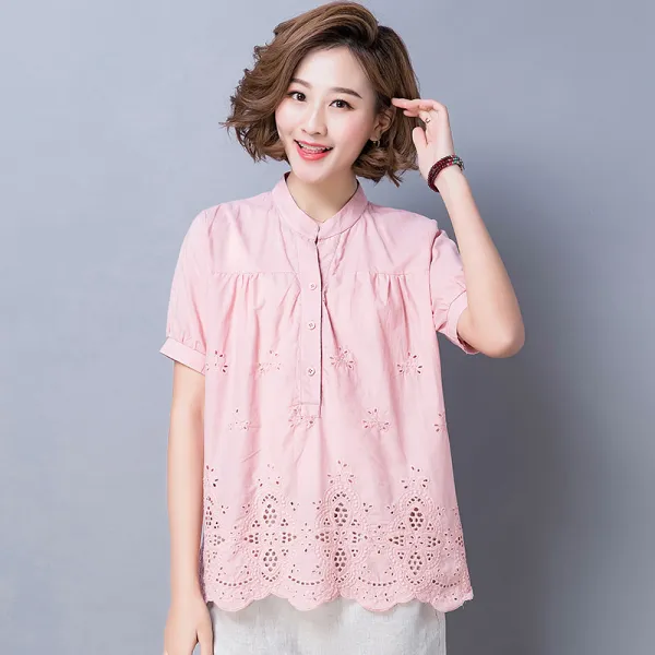 패션이루 미시 린넨 반팔 블라우스 셔츠 여성 여름 티 캐주얼