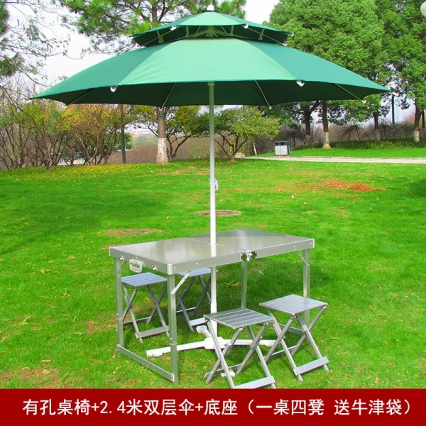 야외테이블 실외 접이식테이블과의자 세트포장 알루미늄합금 휴대용 바베큐 전개 노점진열대 자동차여행 피크닉 마작 차량용테이블, T09-우산구멍 테이블의자+2.4베이지그린색 더블층 우