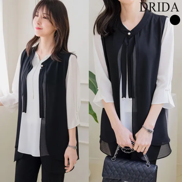 엄마옷 드리다 여성 정장 조끼 여름 빅사이즈 리본 장식 이중 베스트 40 50대 중년 마담 하객 상견례 출근