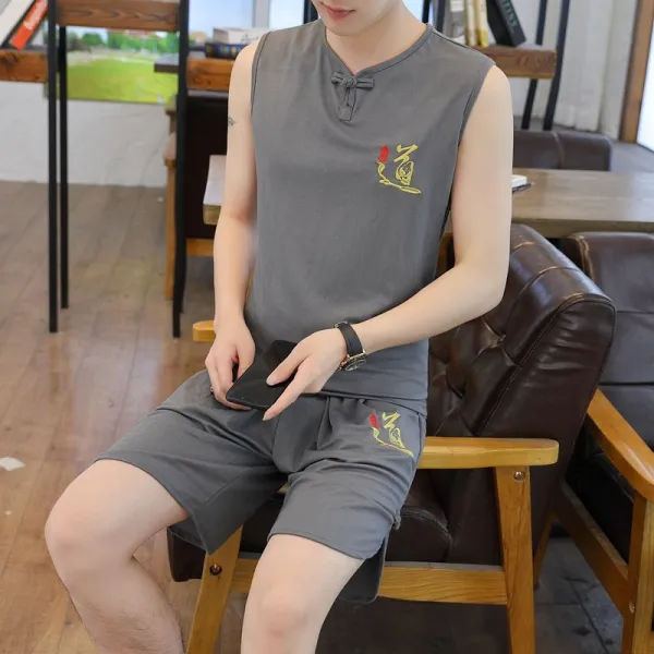 남자모시메리 여름면 남성 당대전통의상 복고 한나라의복 마고자 세트포장 비스코스 중식 땀받이셔츠 반바지 208 그레이 소매 슈트 