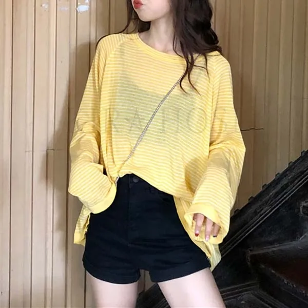 kirahosi 여자 여름 티셔츠 스트라이프 시스루 가오리 단가라 여름니트 + 덧신 증정 DFj9l81i