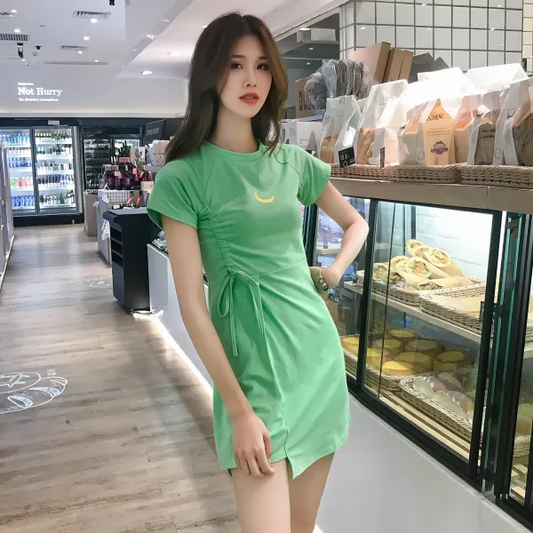 월차 프린트 원피스 여자 여름 슬림핏 허리스트링 여장 스커트