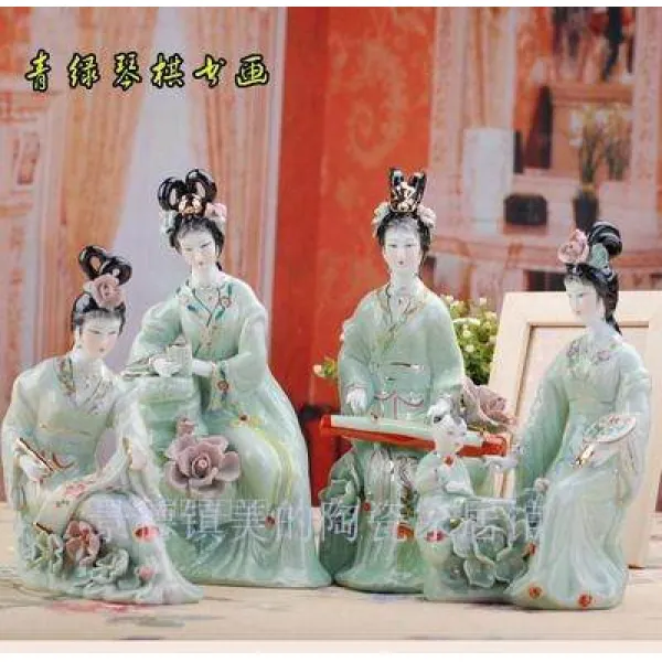 도자기 고전미 여성 조소 금기서화 홈데코소품 서재 사무실 진열함, 12 인치 청 그린 원