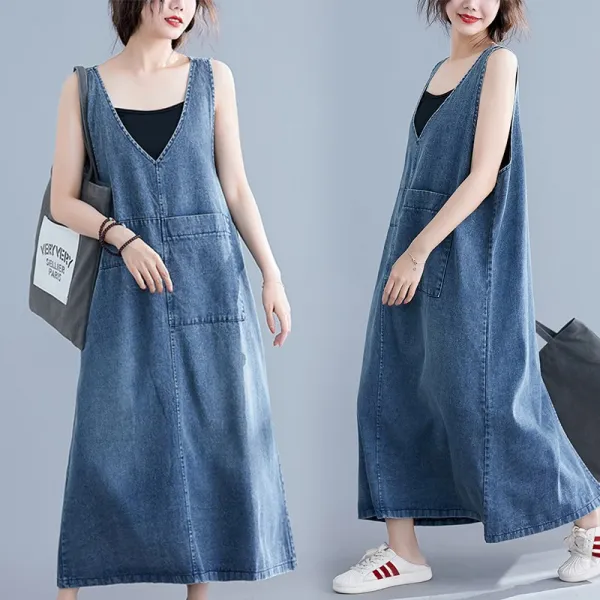 여성 V넥 루즈핏 롱 청 데님원피스 데일리룩 빅사이즈 휴양지룩 바캉스룩