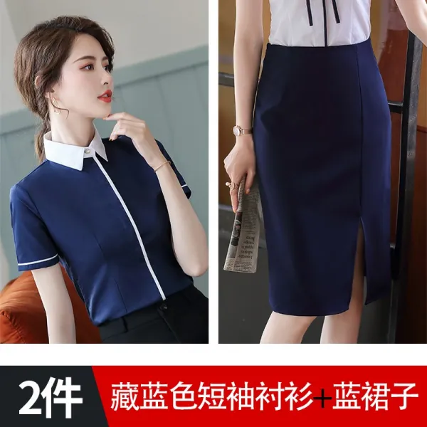 정장상의 디프블루 색 순면 코튼 여성 여름옷 오피스룩 학원 무드 반팔 와이셔츠 712786035