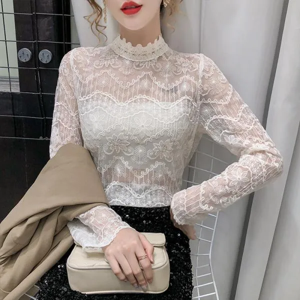 여자쫄티 하이넥 레이스 흰색 곷 시스루 슬림핏티셔츠 붙는티 쳔상여자 글래머몸매