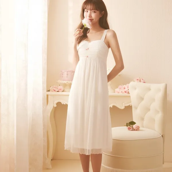 ROSETREE 궁정풍 끈나시 잠옷치마 여성 여름 얇은 타입 큐트 소녀 레이스 실내 홈원피스 캡 포함