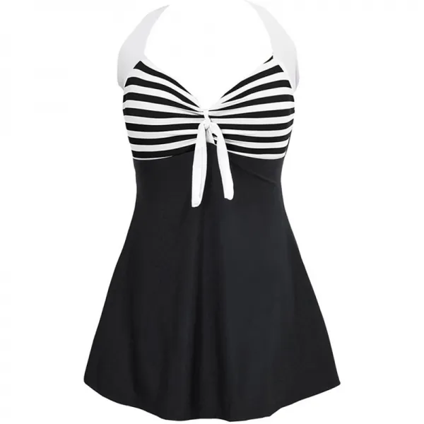 FeelinGirl 여성 빈티지 선원 수영복 고삐 목 1 개 플러스 사이즈 Boyshort 바닥 블랙 스트라이프 4XL