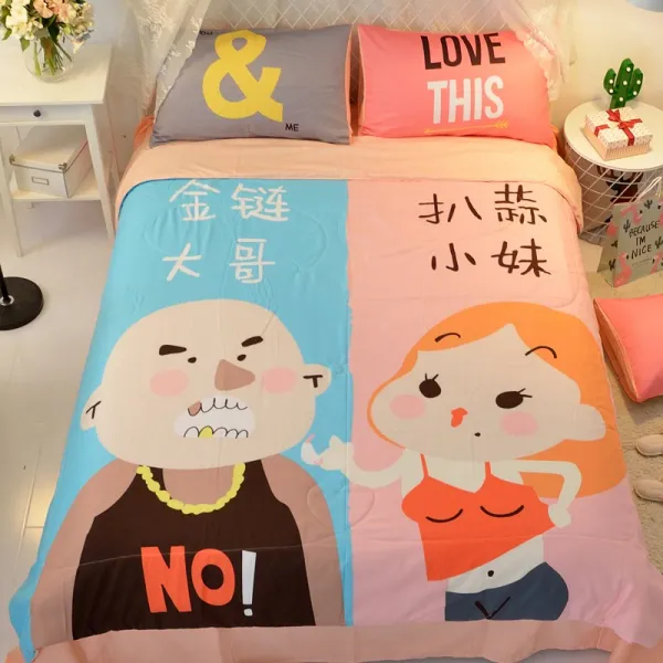 차렵이불 개성적인 커플룩 여름이불 물세탁가능 애니메이션 에어컨이불 4종세트 더블 봄가을 얇은이불, C02-금목도리 맏형 , 마늘을 까다 어린여동생