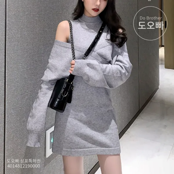 도오빠 여성 니트 원피스 미니원피스 오프숄더 투피스 여자원피스 오버핏 루즈핏 드레스 스웨터 섹시 글램 20대 30대 패션 데일리 빅사이즈원피스 봄 가을 겨울