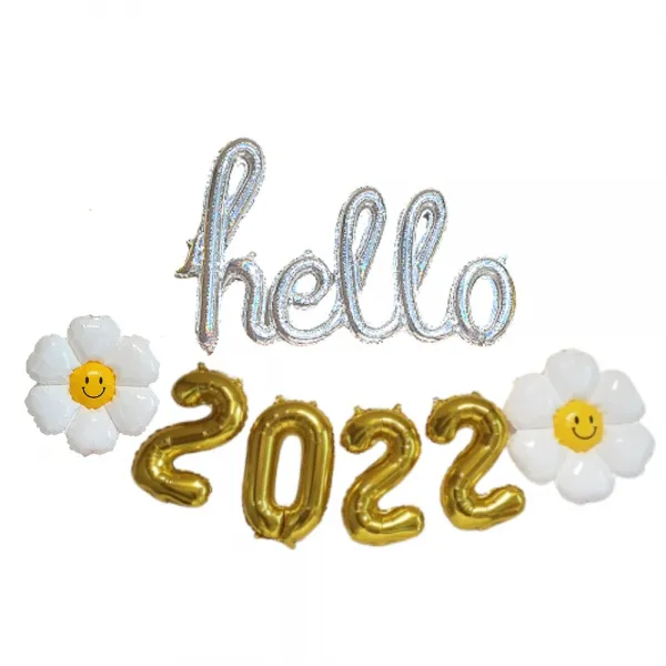 연말파티 헬로 2022 풍선 세트 3종 별 새해 신년 파티용품, 2.흘림체 hello 2022(골드),데이지 꽃